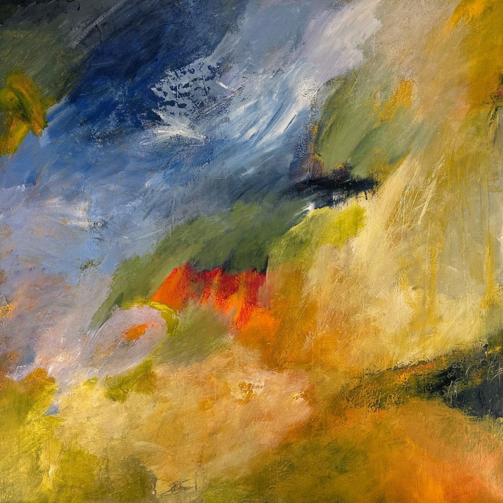 Peinture abstraite avec des nuances de bleu, vert, jaune et orange, présentant des traits de pinceau dynamiques.