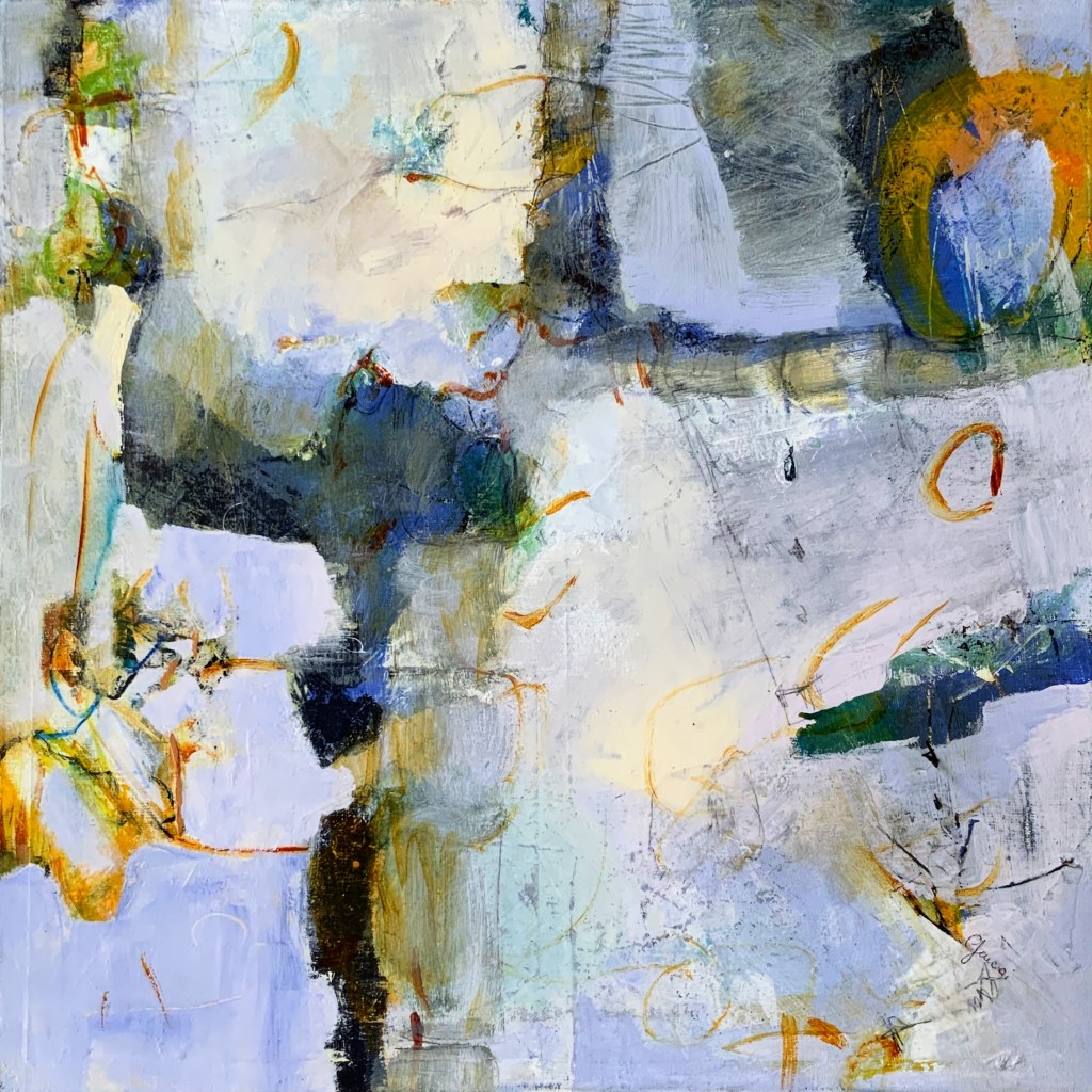 Peinture abstraite avec des formes et des couleurs variées, incluant des tons de bleu, vert, jaune et orange, créant une composition dynamique.