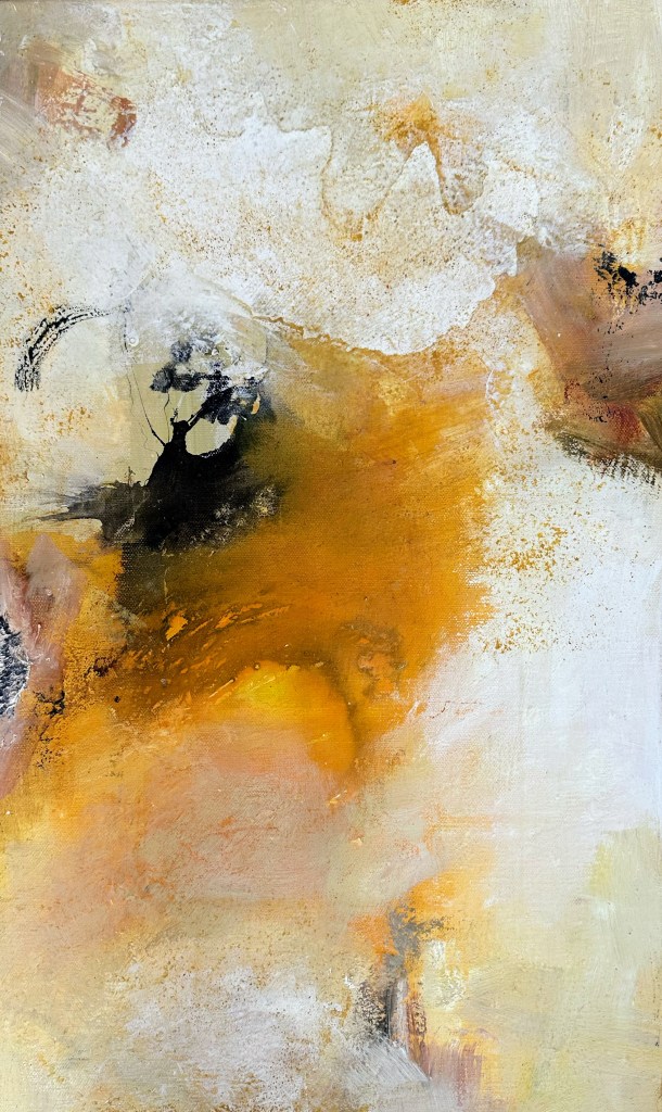 Peinture abstraite avec des nuances de jaune, beige et noir, présentant une texture riche et des formes fluides.