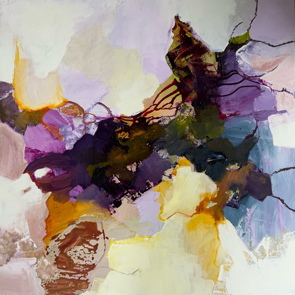 Peinture abstraite avec des formes organiques et des couleurs vives, incluant des teintes de violet, vert, jaune et blanc.