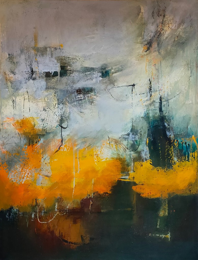 Peinture abstraite avec des nuances de gris, orange et noir, créant un contraste dynamique.
