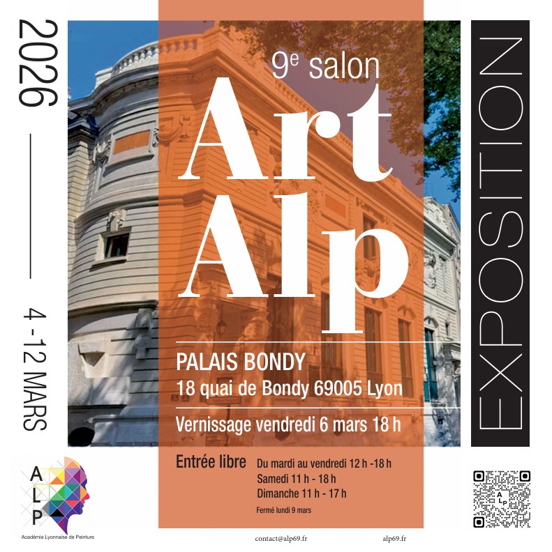 Affiche pour le 9e salon Art Alp au Palais Bondy à Lyon, du 4 au 12 mars 2026, avec détails de l'exposition.