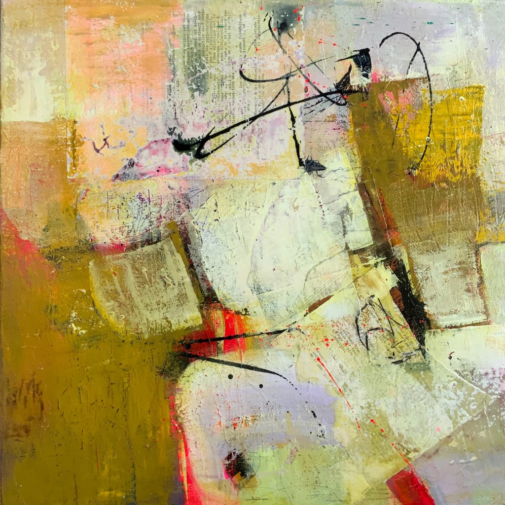 Peinture abstraite avec des formes géométriques et des couleurs variées, incluant des nuances de jaune, rose, et violet, et des touches de texture.