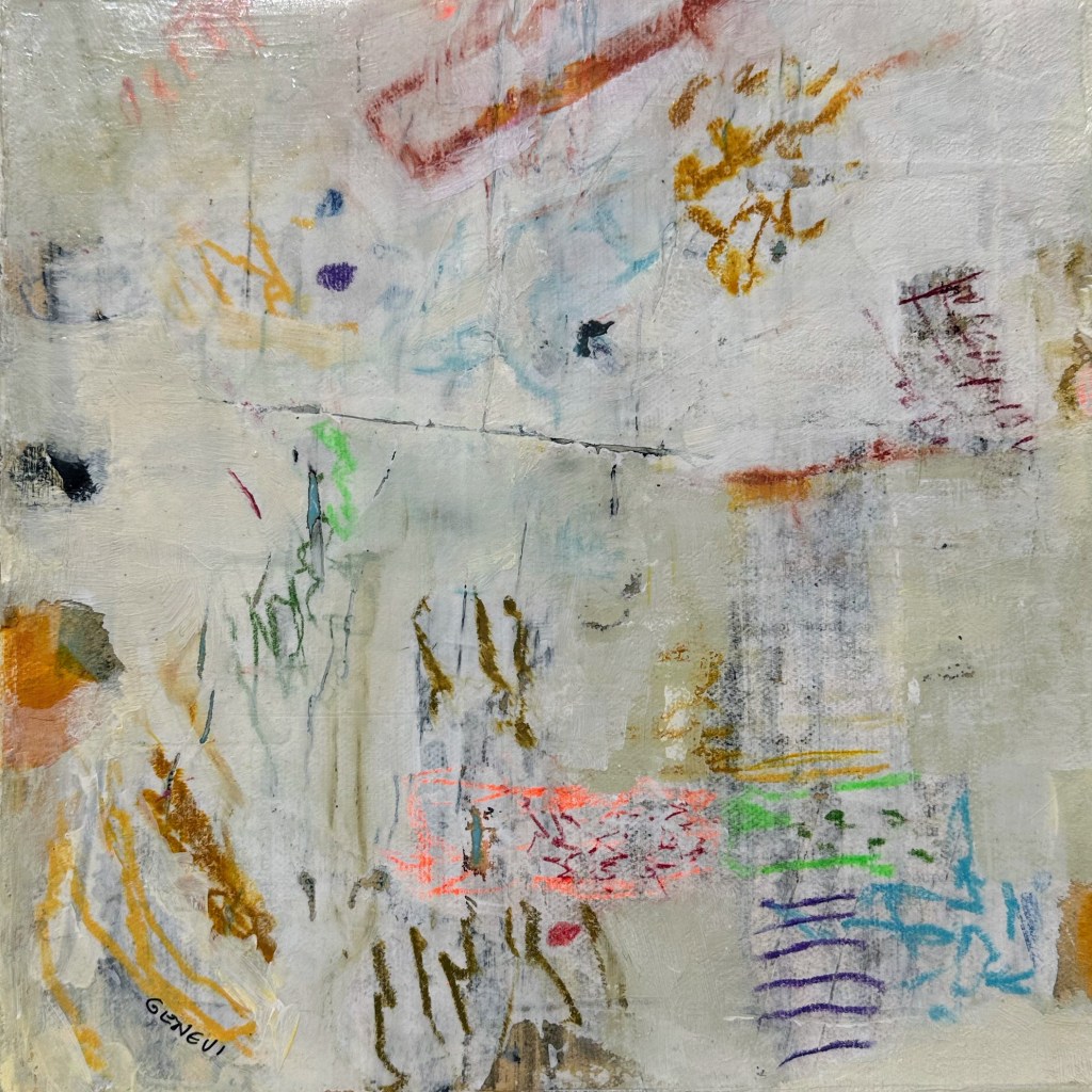 Un tableau abstrait avec des couleurs variées, comprenant des traits et des formes en orange, vert, jaune et bleu, sur un fond clair et texturé.