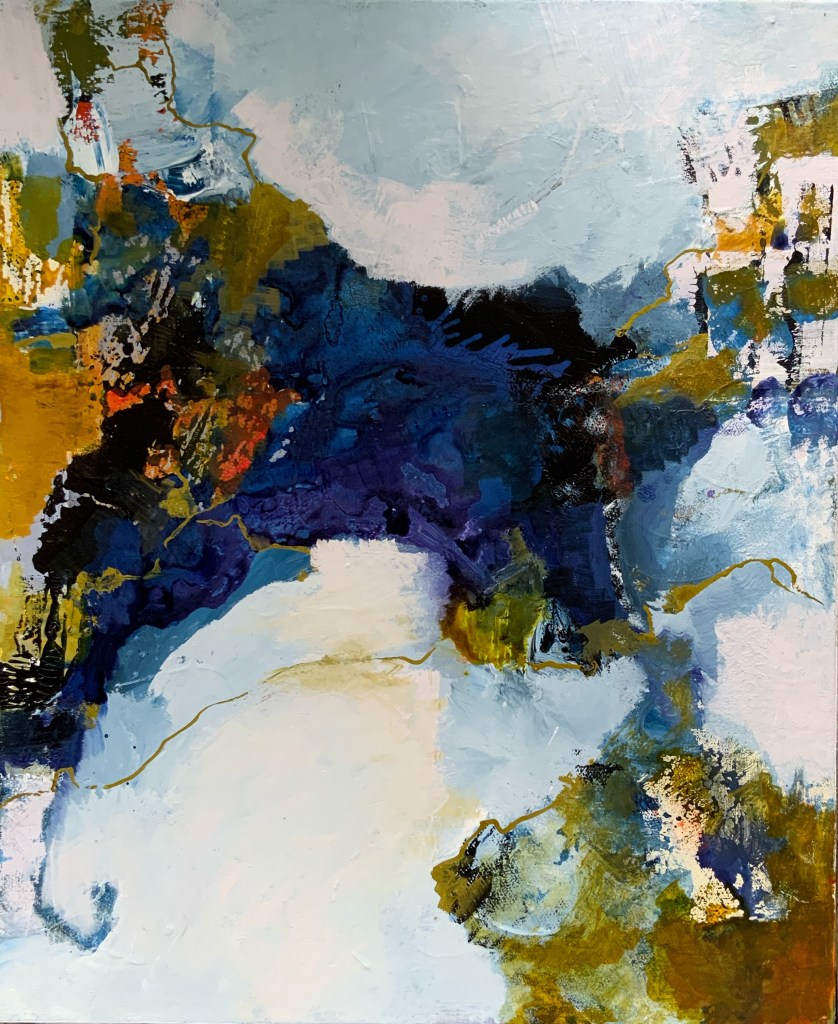 Une peinture abstraite avec des nuances de bleu, violet, jaune et blanc, présentant des formes fluides et des textures variées.
