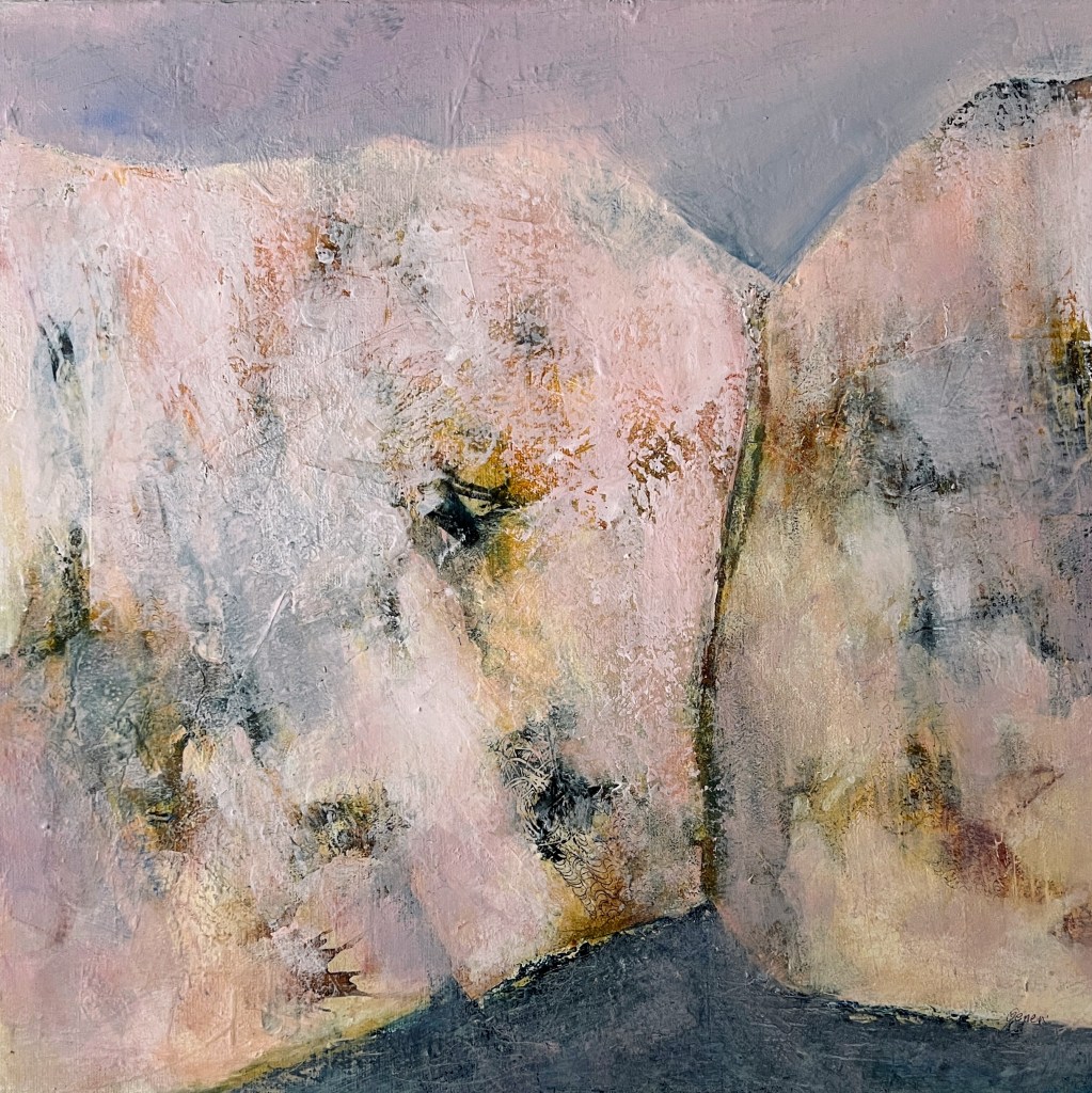 Peinture abstraite aux couleurs douces, représentant des formes de roches claires sur un fond pastel.