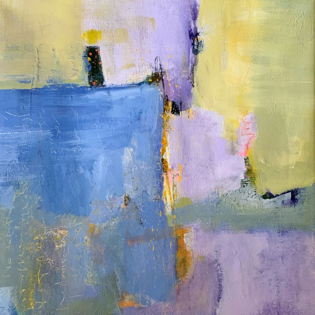 Peinture abstraite avec des nuances de bleu, violet et jaune, présentant des textures et des éclats de couleur.