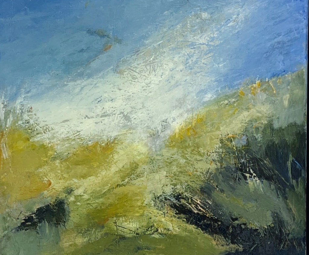 Peinture abstraite représentant des collines verdoyantes sous un ciel bleu avec des nuages clairs.